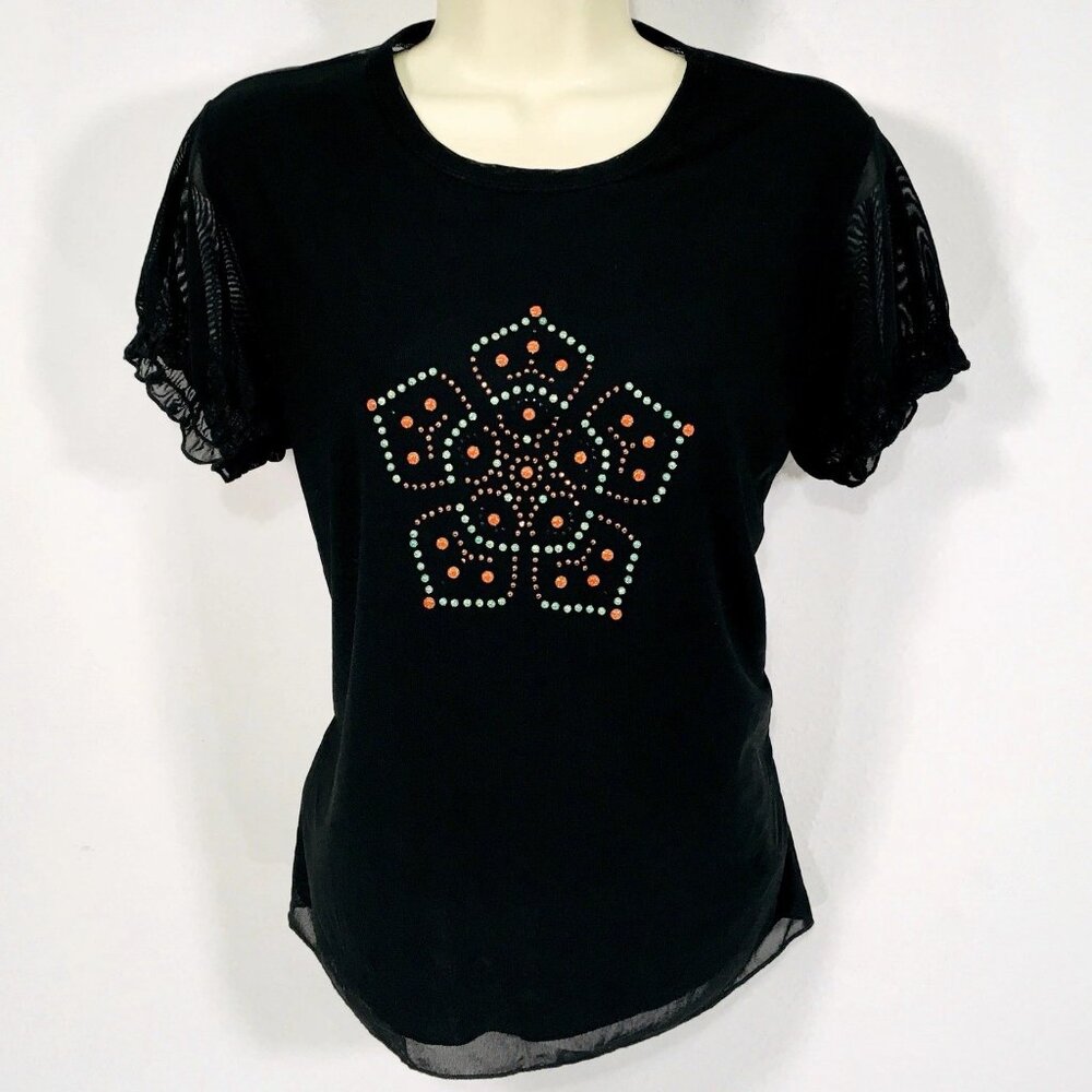Y2K Rampage Black Mesh Beaded Mandala Top Sz L Puff Sleeve Smock Back WhimsyGoth